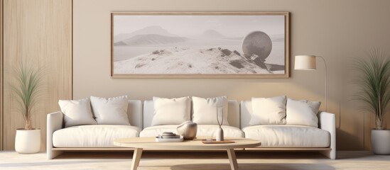 Living room wall poster mockup with modern interior design