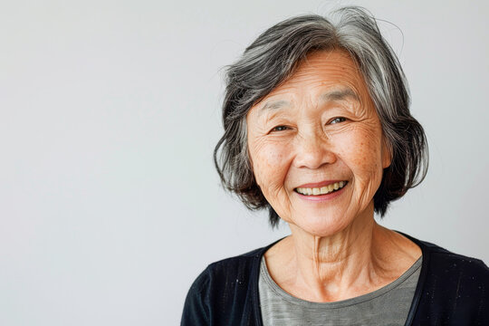 Portrait of old healthy, cheerful beautiful Asian woman smiling and looking at camera with white background. Happy aging society, retirement and senior healthcare concept