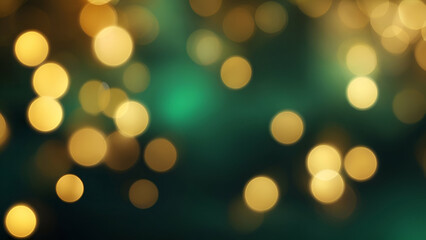 Abstract blur bokeh banner background. Gold bokeh on refocused emerald blue background