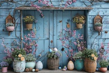 Outdoor Easter cottage wall, Easter Theme. Generative AI.