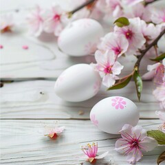 Obraz na płótnie Canvas White happy easter eggs with Sakura blossom flower on white wood spring background. Close up.