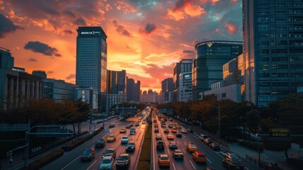 Traffic on a street in a city with tall buildings at sunset. Generative AI. - obrazy, fototapety, plakaty