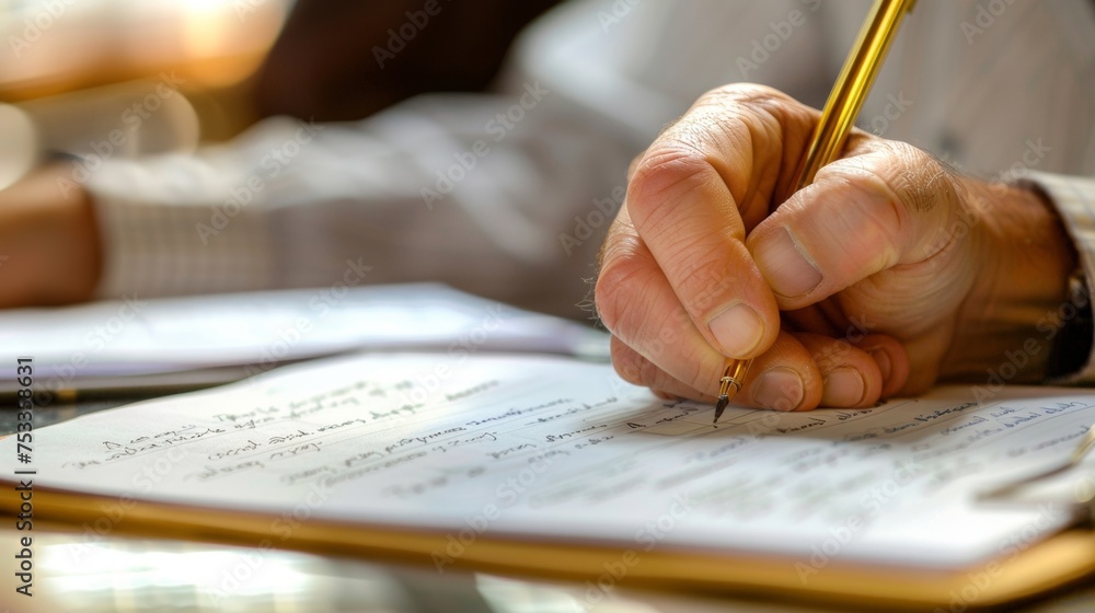 Poster an image of a hand writing notes on a legal pad while looking at a copy of a propertys survey during