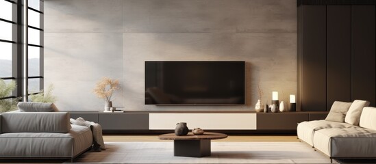 Modern living room interior with furniture TV screen and minimal decor