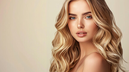 Naklejka premium beautiful blonde woman with wavy medium-long hair, healthy skin looks at the camera and natural makeup of a young model on a studio background with copy space