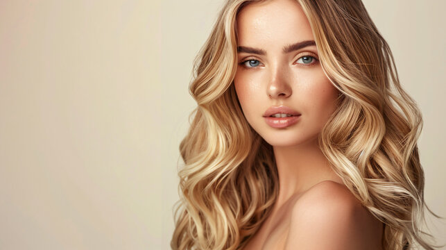 beautiful blonde woman with wavy medium-long hair, healthy skin looks at the camera and natural makeup of a young model on a studio background with copy space