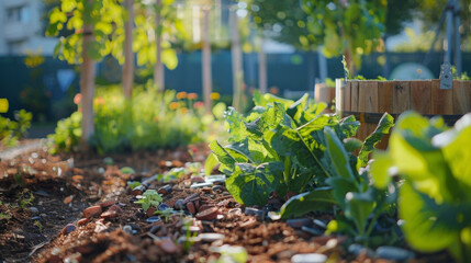 A community garden in a smart city with green spaces created from upcycled materials and a composting area for residents to contribute to sustainable waste management efforts.