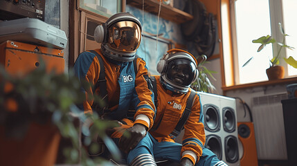 Two Astronauts Enjoying Music Indoors