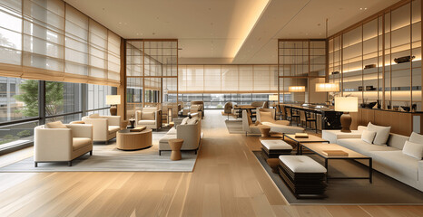 Modern Hotel Lobby Interior with Large Windows and Contemporary Furniture
