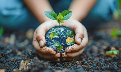 A person is holding a small plant in their hands, with the plant being a representation of the Earth. Concept of responsibility and care for the environment, as the person is nurturing the plant