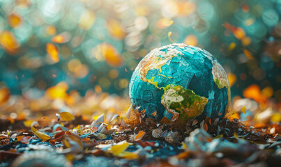 A blue and green globe is sitting on top of a pile of leaves. The leaves are scattered around the globe, creating a sense of chaos and disarray. The image conveys a feeling of destruction