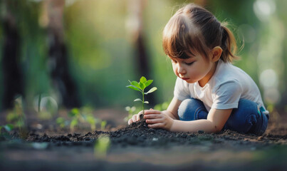 A young girl is planting a small tree in the dirt. Concept of innocence and wonder as the child learns about the importance of nurturing and caring for the environment