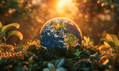 A small blue and white planet is surrounded by a lush green forest. The planet is the center of attention, and the surrounding foliage creates a sense of harmony and balance