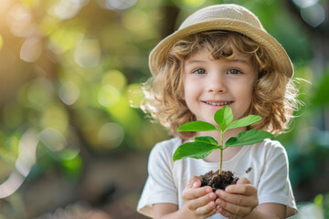 A young child is holding a small plant in his hands, smiling brightly. Concept of innocence and wonder, as the child is likely learning about the importance of nurturing and caring for living things