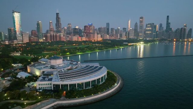 Aerial Twilight Chicago Skyline with Shedd Aquarium and Lake Michigan