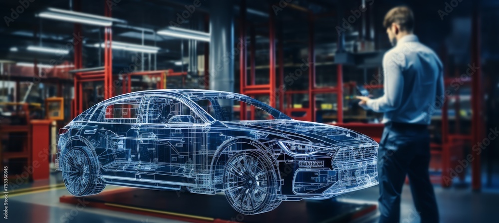 Poster automotive engineer developing smart ev car design using ai system on hologram, copy space for text