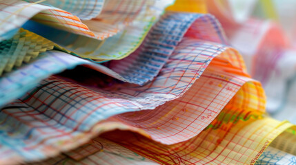 A macro shot of a stack of paper each sheet covered in colorful patterns and markings ready to be transformed into a 3D paper model. The intricate designs and measurements