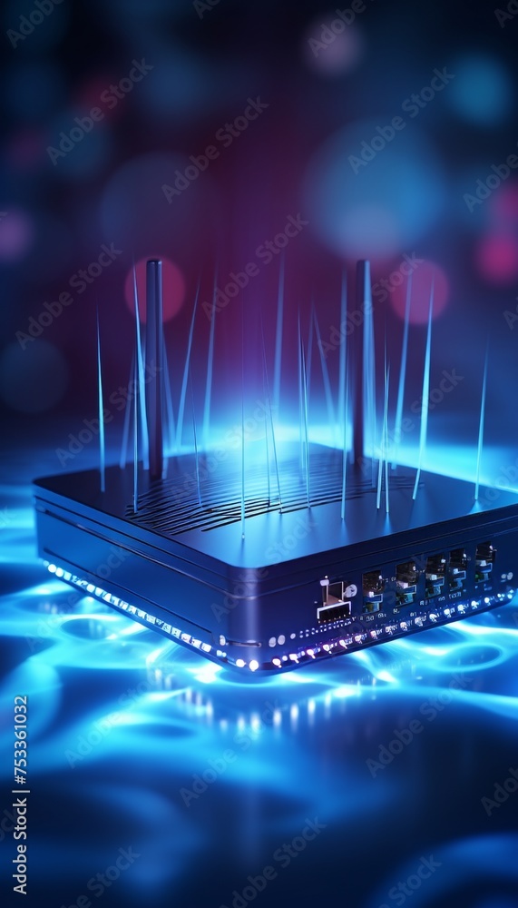 Poster high tech router hologram for secure home networks and online communication on blurred background
