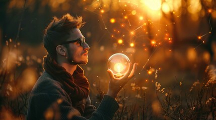 A young man with a trendy haircut and wearing glasses is holding a transparent glass sphere in his outstretched hand. The sphere appears to contain a light bulb glowing with an intricate network of li - obrazy, fototapety, plakaty