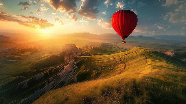 A vibrant red hot air balloon floats in a golden sunset sky above a vast, rolling landscape. The undulating hills are covered with lush green vegetation, interspersed with swathes of yellow wildflower