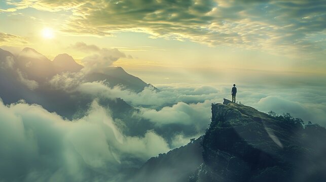 A Person Stands On A Prominent Cliff Edge Overlooking A Vast Landscape Of Mountains And Clouds With The Morning Sun Blazing In The Sky. The Foreground Shows The Rugged Texture Of The Cliff Blanketed W