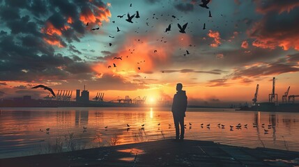 A silhouette of a person stands on a waterfront at sunset, looking at the sun as it descends on the horizon. The sky is ablaze with shades of orange, red and blue, dotted with dark clouds. Flocks of b - obrazy, fototapety, plakaty