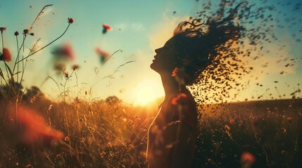 A person stands amidst a wildflower field during sunset. Their silhouette is defined by the backlighting of the sun, with the light creating an orange glow around their figure. The person's hair is to - obrazy, fototapety, plakaty