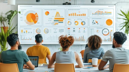 Interactive office meeting, team engagement with digital presentation, fostering communication and ideas