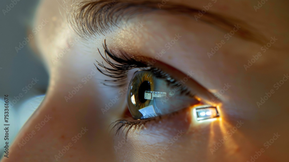 Poster a closeup of a persons eye shows a small device that wirelessly connects to a computer. the individu
