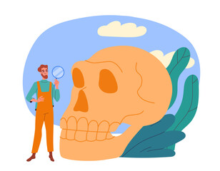 Archaeologist with scull. Man with magnifying glass near old bones. Archeology and paleontology. Scientist with fossil and antiques. Cartoon flat vector illustration isolated on white background