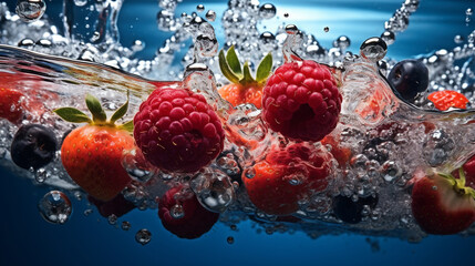 berries in water splash - obrazy, fototapety, plakaty