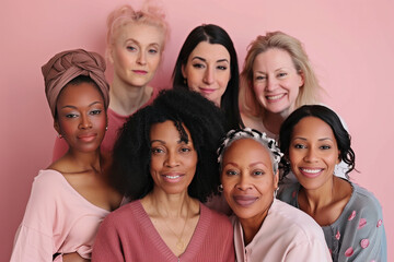 celebrating women's health and diversity: group photo of multicultural woman on pink background; breast cancer awareness