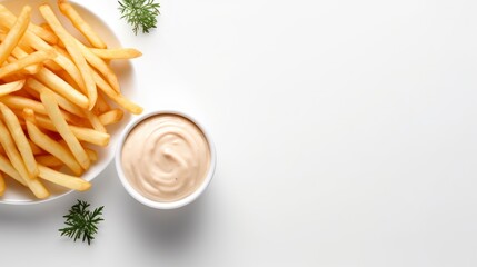 French fries potatoes with ketchup on plain background, top view - obrazy, fototapety, plakaty