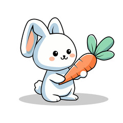 Vector illustration of a rabbit holding a carrot in a cartoon and flat style isolated on white. Can be used to print on t-shirts or other purposes