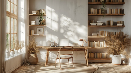Realistic Shaped Canvas, White Room with Wooden Desk and Shelving, books