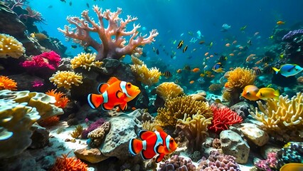 Naklejka na ściany i meble coral reef and clown fishes underwater background 