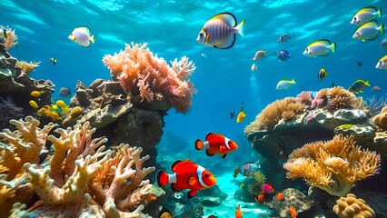 Fototapeta na wymiar coral reef and clown fishes underwater background 