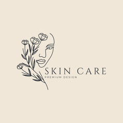hand drawn logo line art feminine beauty floral botanical salon spa cosmetic care design vector illustration minimalism.
