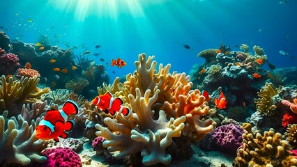 coral reef and clown fishes underwater background 