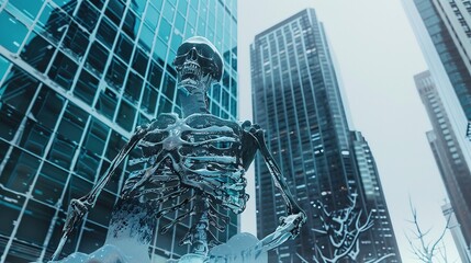 Frozen human skeleton against the backdrop of skyscrapers. an ice age on a planetary scale. generative AI