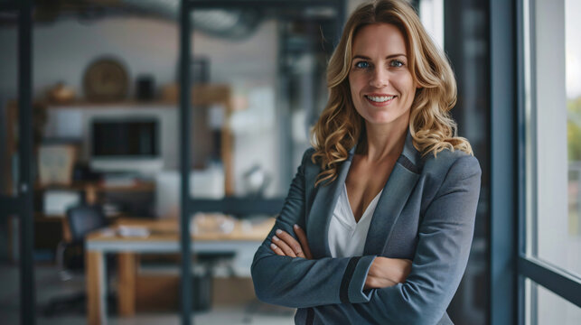 Portrait of successful business woman inside office, standing with arms crossed 