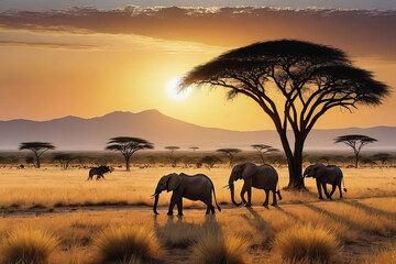 vast African savanna golden hour, wild animals. Elephants grazing near waterhole, pride of lions rest. giraffes, zebras and antelopes eats grass. silhouettes of mountains, setting sun warm orange glow
