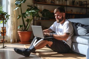 Happy young man with disability leg prosthesis sitting on floor at home using laptop computer working or elearning, browsing web, searching online. People with amputation disabilities, Generative AI - obrazy, fototapety, plakaty