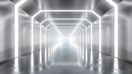 White background 3D room light abstract space technology tunnel stage floor. 3D neon background studio futuristic corridor interior silver road black wall design gray - obrazy, fototapety, plakaty