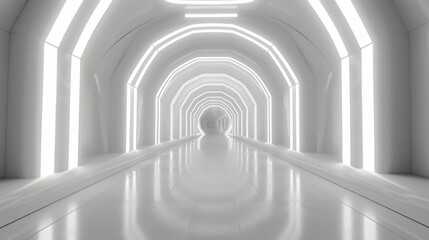 White background 3D room light abstract space technology tunnel stage floor. 3D neon background...
