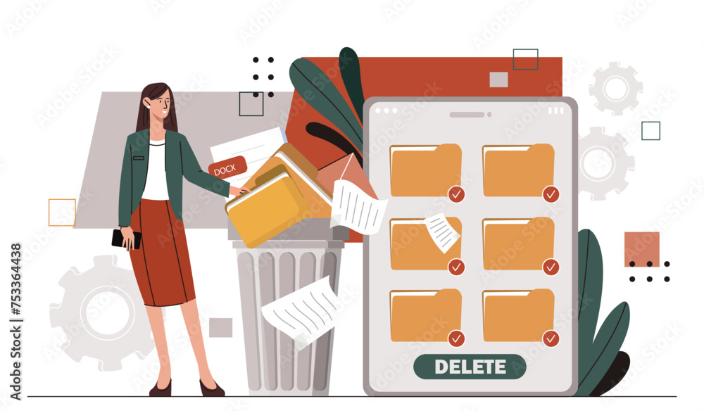 Poster woman deleting data concept. young girl with folder of documents near trashcan. clear of space at sm