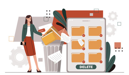 Woman deleting data concept. Young girl with folder of documents near trashcan. Clear of space at smartphone of computer. Delete information from storage. Cartoon flat vector illustration