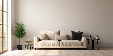 Minimalist living room with beige sofa and black stool by window. - Powered by Adobe