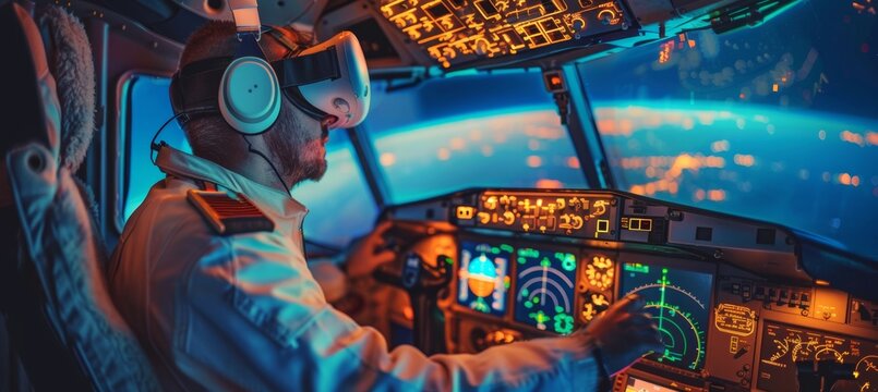 Virtual reality pilot training in flight simulator at aviation school with man wearing vr glasses.