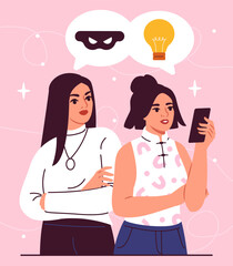 Disrespect for private life. Woman look at smartphone screen of young girl. Overhear and read messages on social networks. Cartoon flat vector illustraton isolated on pink background